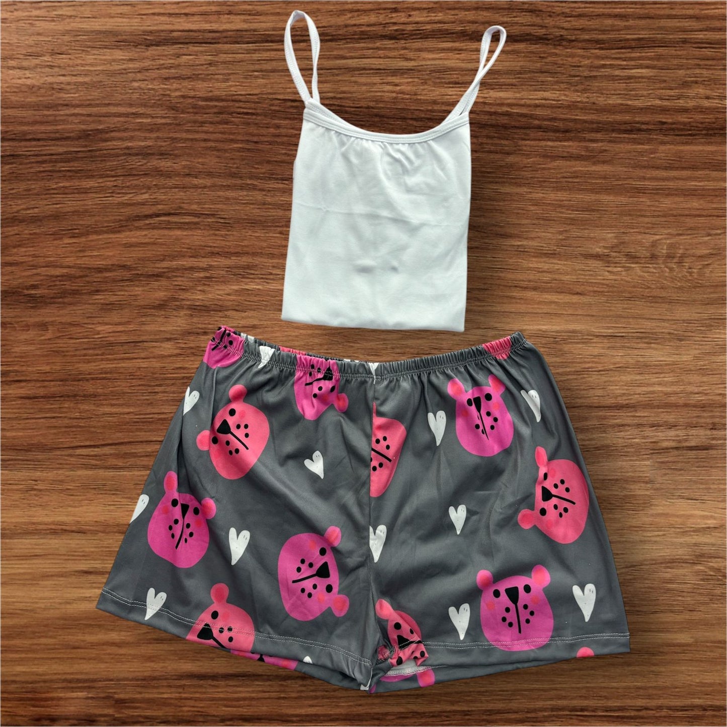 PIJAMA BLUSA TIRAS UNICOLOR Y SHORT ESTAMPADO