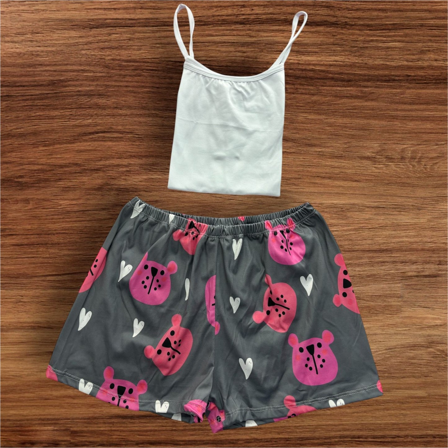 PIJAMA BLUSA TIRAS UNICOLOR Y SHORT ESTAMPADO